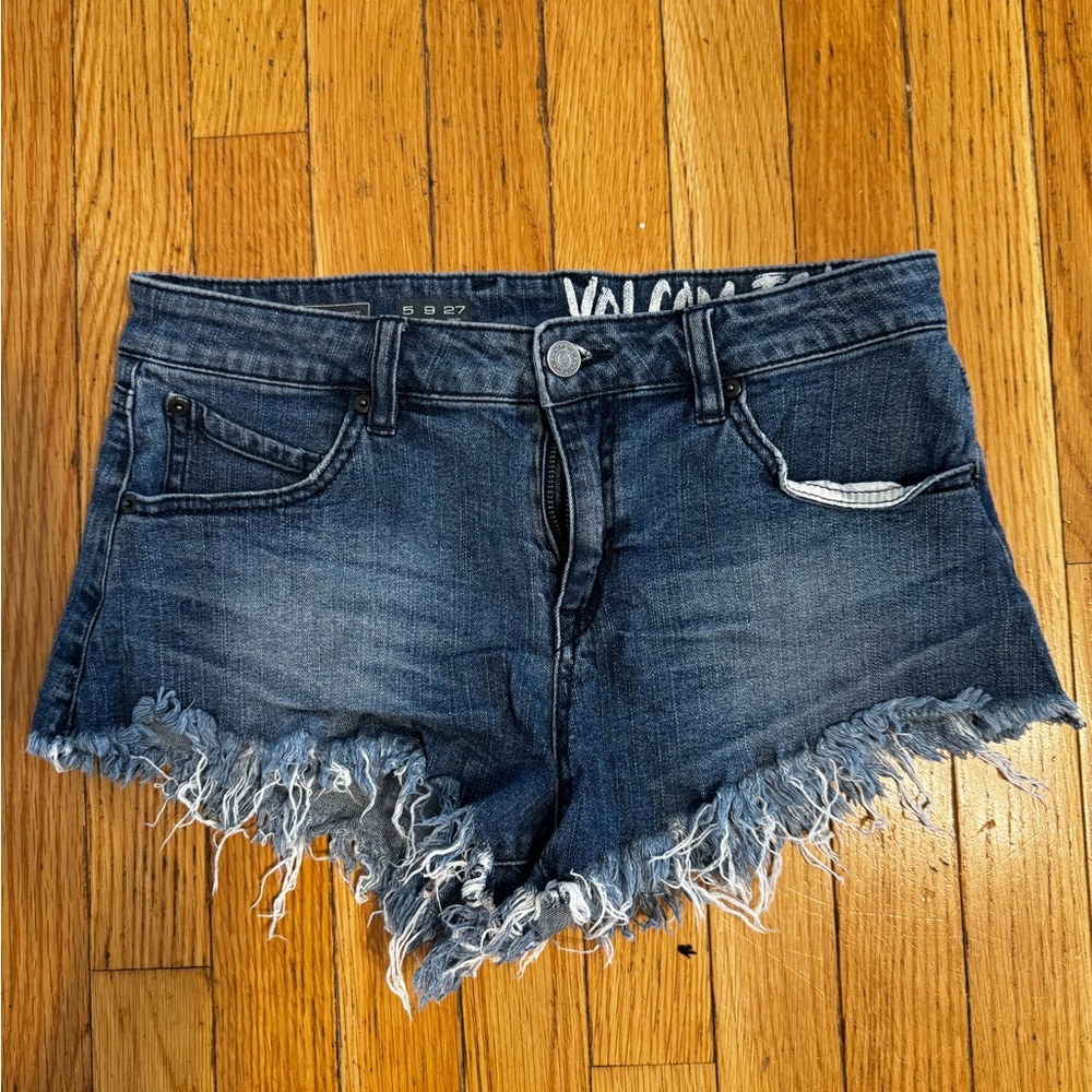 Volcom Blue Jean Shorts with Distressed Frayed Hem